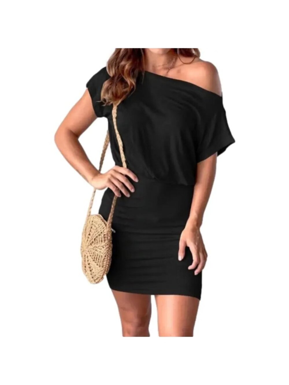 NEW Black Ribbed Off Shoulder Mini Dress - Small